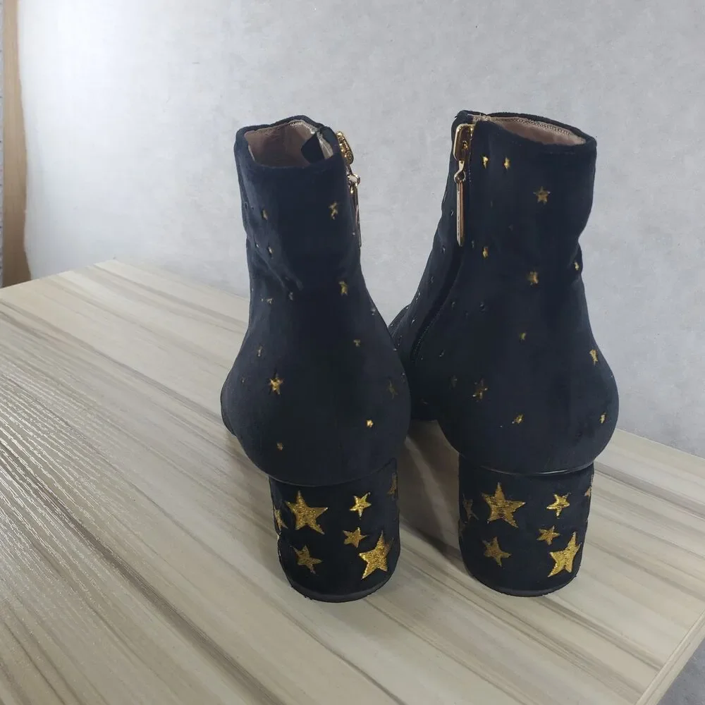 sz 7 Butrich Black Velvet Gold Stars Embroidered Booties Ankle Boots Metallic